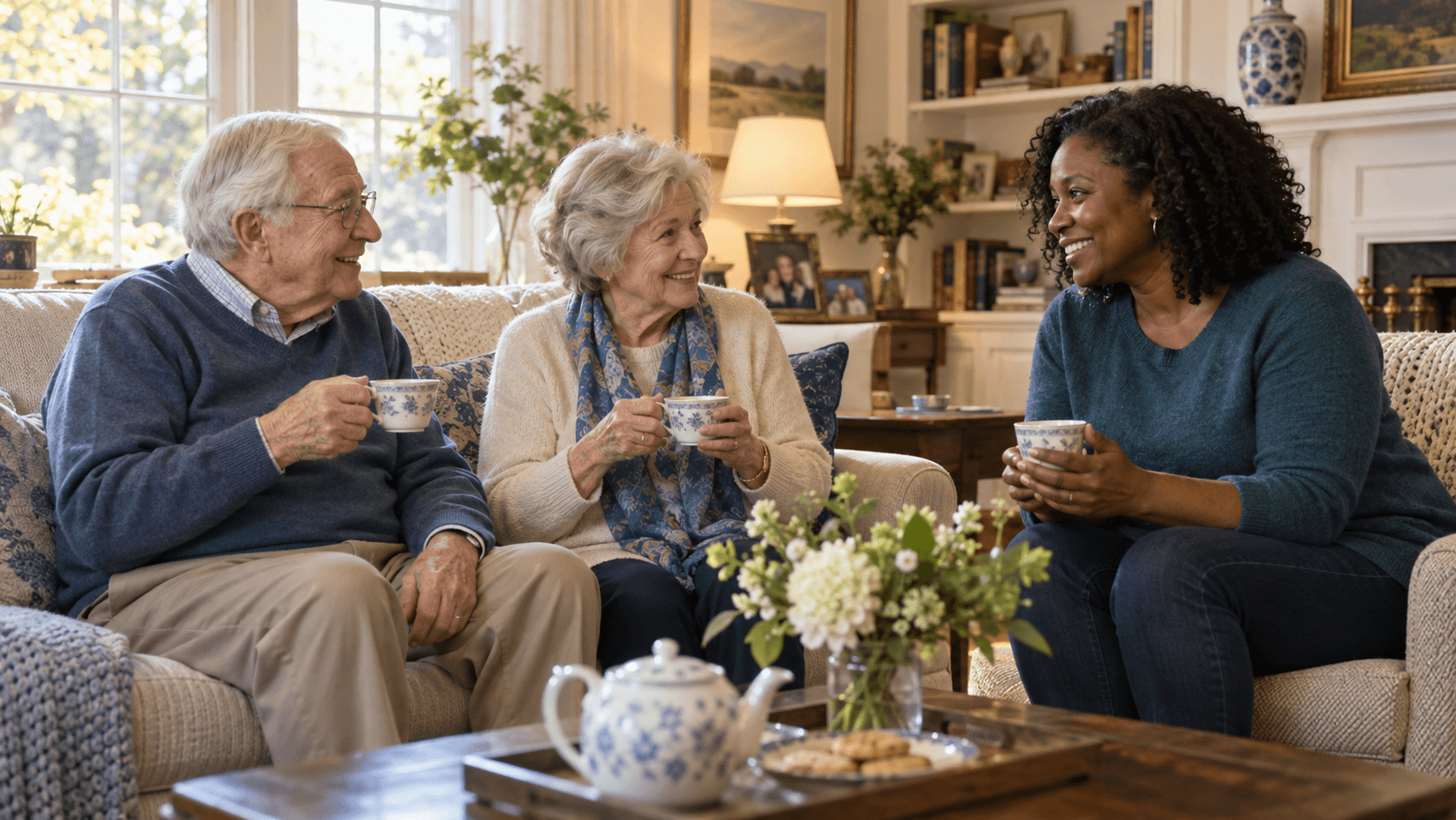 An older couple enjoying time at home with an adult family member